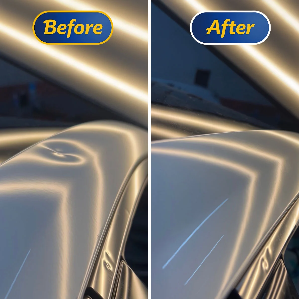 Before and after paintless dent repair on a Toyota Crown door ding in Sioux Falls